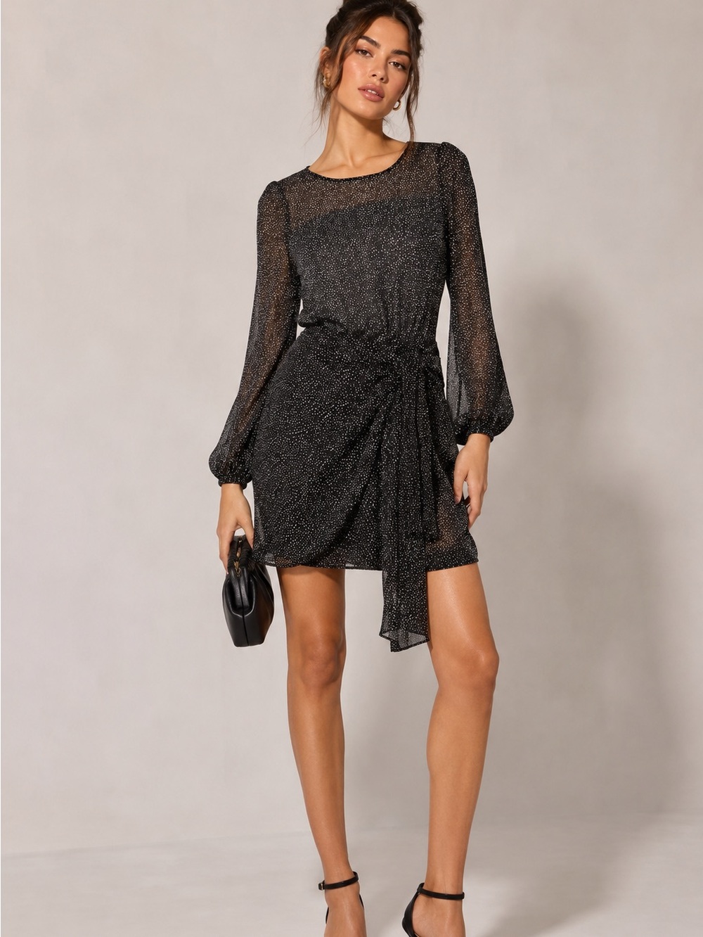 Zara Black Long-Sleeve sheer Tie-Waist Mini Dress XS